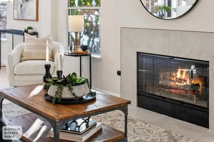 Detailed view of a glass covered fireplace