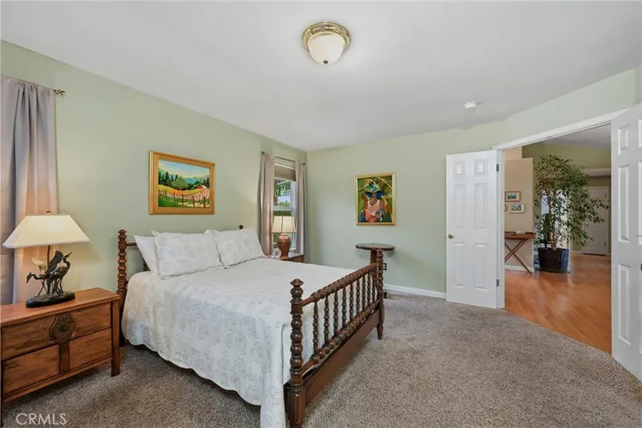 Primary bedroom with double doors to living area.