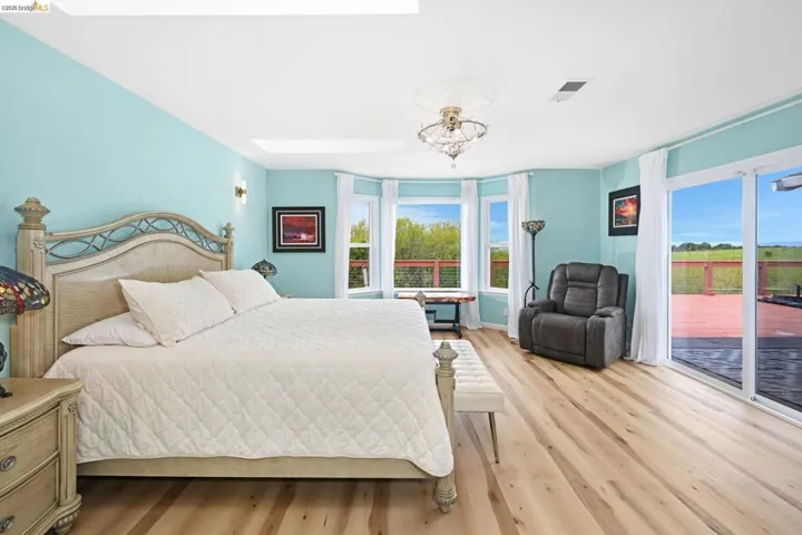 Bedroom featuring access to outside, light wood-style flooring, and a skylight