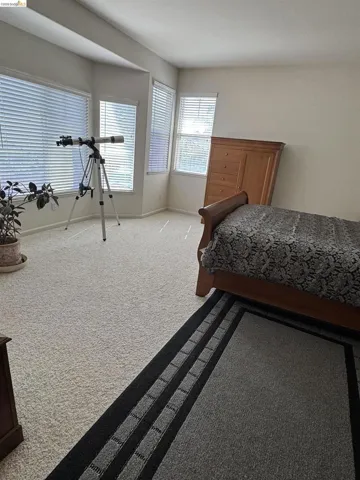 Carpeted room featuring a bay window with multiple blinds, light-toned wall paint, and a textured ceiling