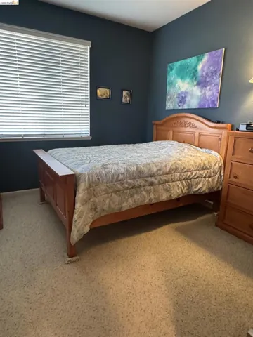 Carpeted room featuring a window with horizontal blinds and painted walls