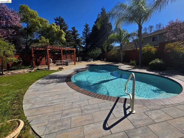 Freeform swimming pool featuring a brick coping and an integrated grab rail