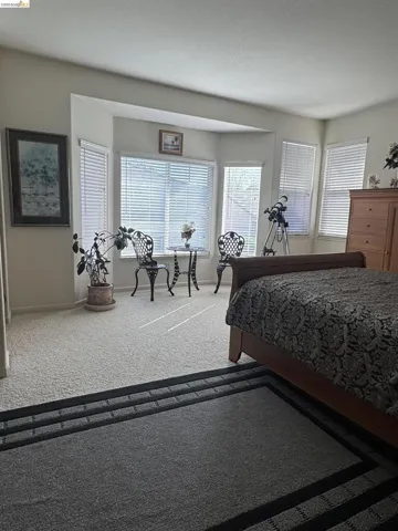 Room featuring a bay window with multiple blinds, light-toned carpeting, and light-colored walls