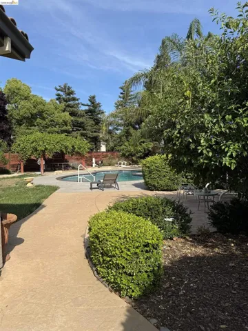 Outdoor swimming pool with integrated steps and a surrounding paved deck