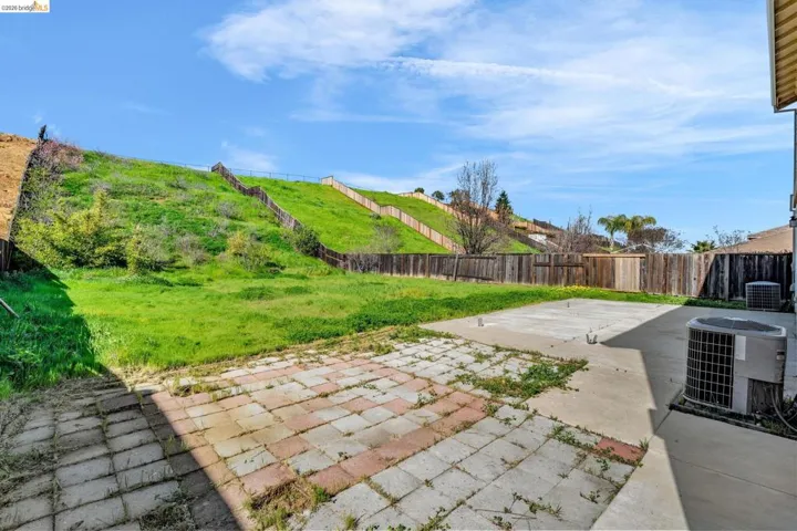 Fenced backyard with a patio area