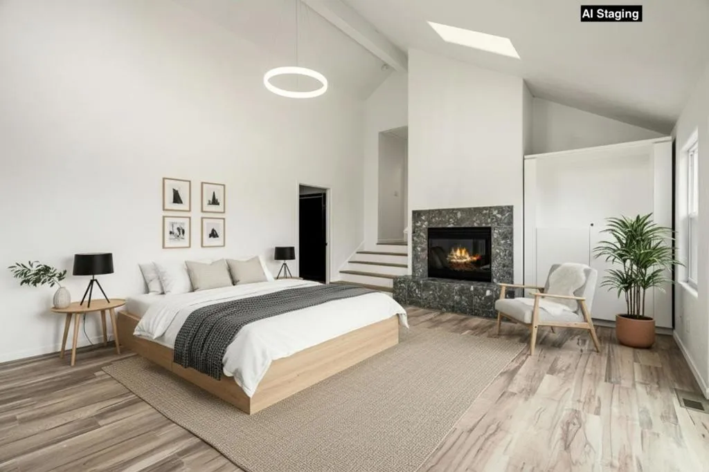 Primary Bedroom w/ Ocean Views & Fireplace (Virtually Staged)