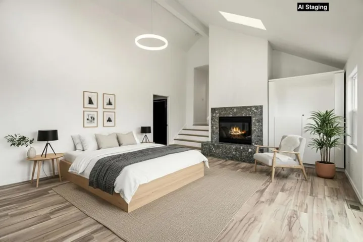 Primary Bedroom w/ Ocean Views & Fireplace (Virtually Staged)