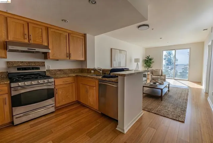 Kitchen with stainless steel appliances, open floor plan, a peninsula, and wood finish cabinetry