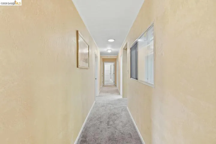 hallway featuring carpet, a textured wall, and crown molding