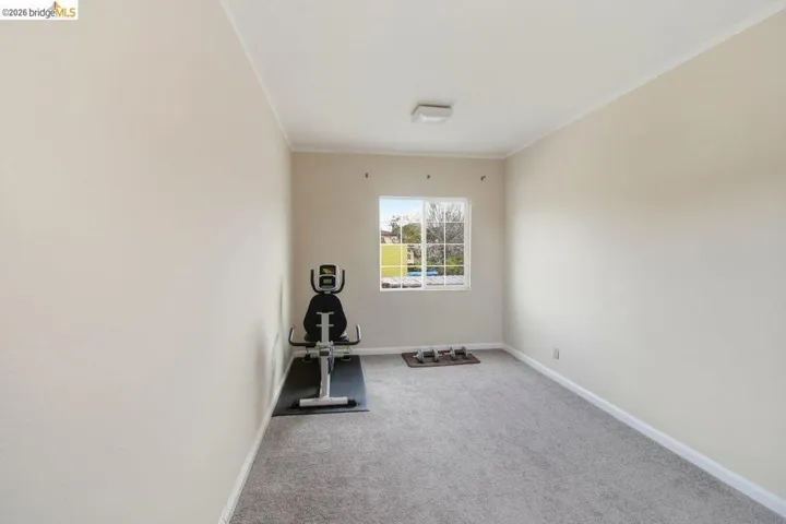 workout room with carpet and ornamental molding