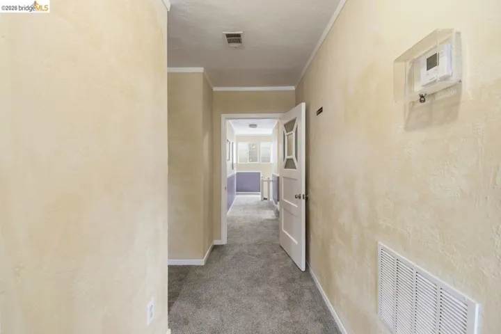 corridor featuring ornamental molding, carpet floors, and a textured wall