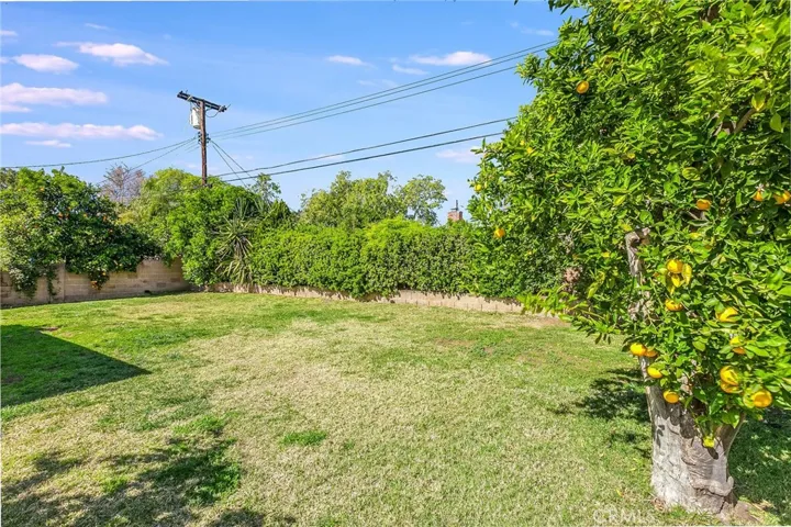 The backyard is a standout feature, offering a spacious and private setting with a lush green lawn, mature trees including citrus, abundant shrubbery, and colorful raised flowerbeds. A covered patio with a lighted ceiling fan creates an ideal space for relaxing or entertaining.
