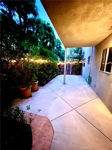 Night-time patio with twinkling lights