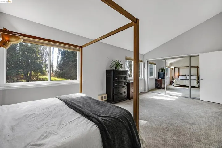 Carpeted bedroom featuring a closet and lofted ceiling