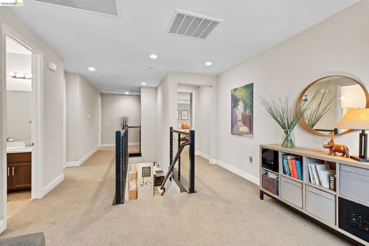 Workout room featuring light colored carpet and recessed lighting