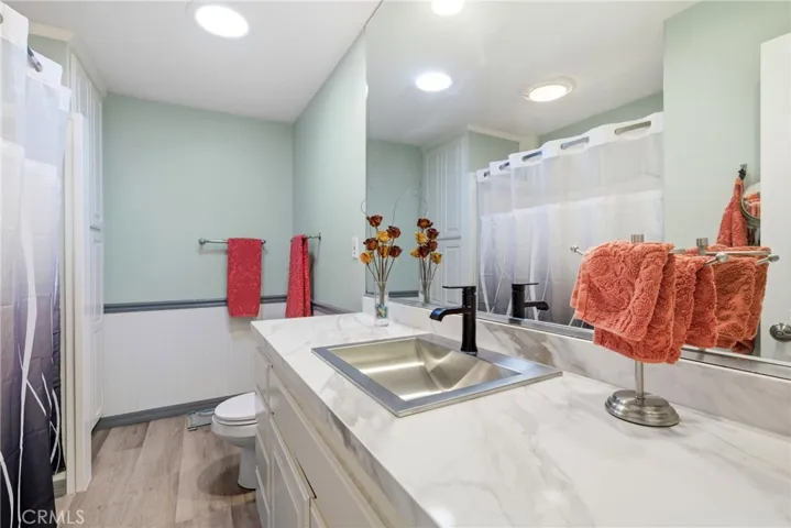Full hallway bathroom with updated countertop and fixtures, plus a skylight.