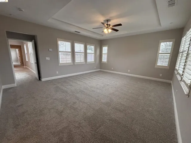 Spare room with a tray ceiling, carpet, and ceiling fan