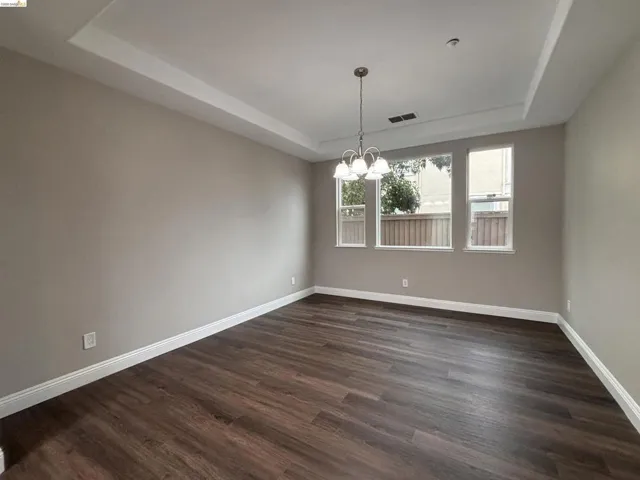 Spare room with a raised ceiling, suspended lighting, and dark wood-type flooring