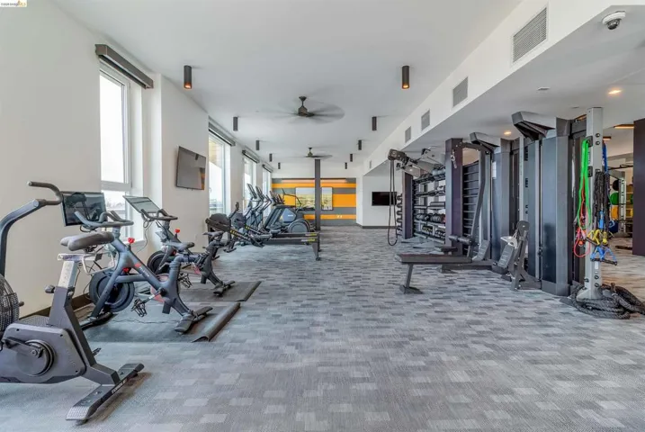 Workout area with a ceiling fan