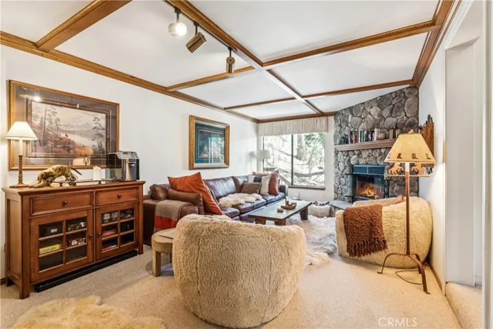 Family room with corner fireplace