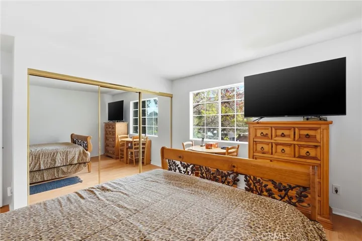 Large bedroom with views of the park and neighborhood