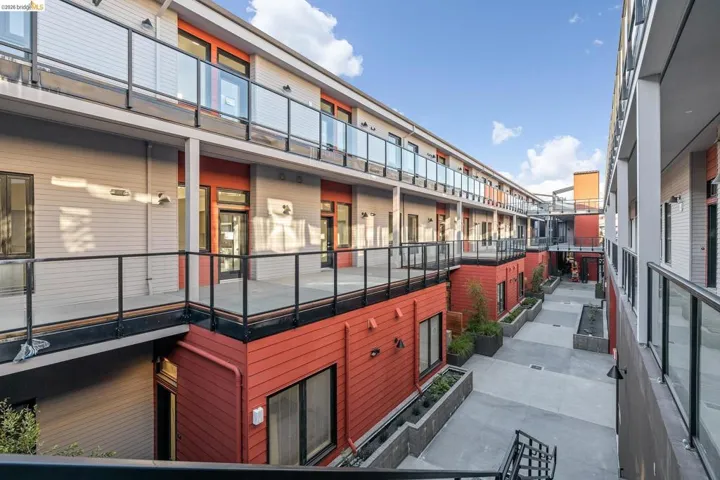 Contemporary multi-story architecture with balconies featuring glass railings
