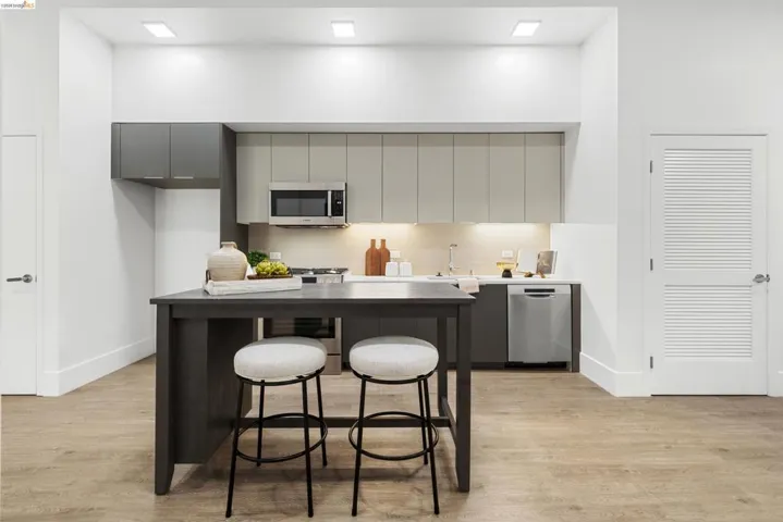 Kitchen with gray cabinetry, stainless steel appliances, modern cabinets, and light wood finished floors