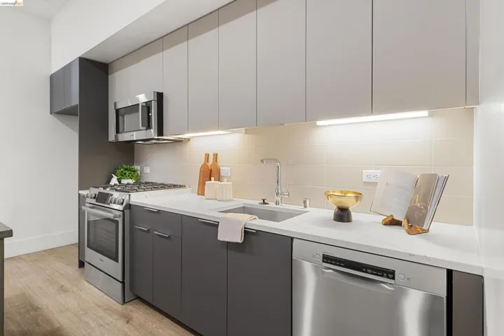 Kitchen featuring modern cabinets, stainless steel appliances, light wood-type flooring, backsplash, and white cabinets