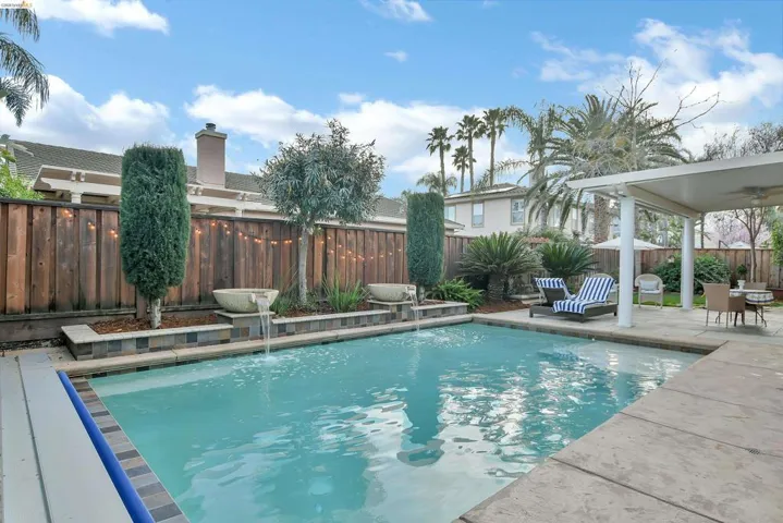 View of pool featuring a fenced backyard, patio surround, and outdoor dining area