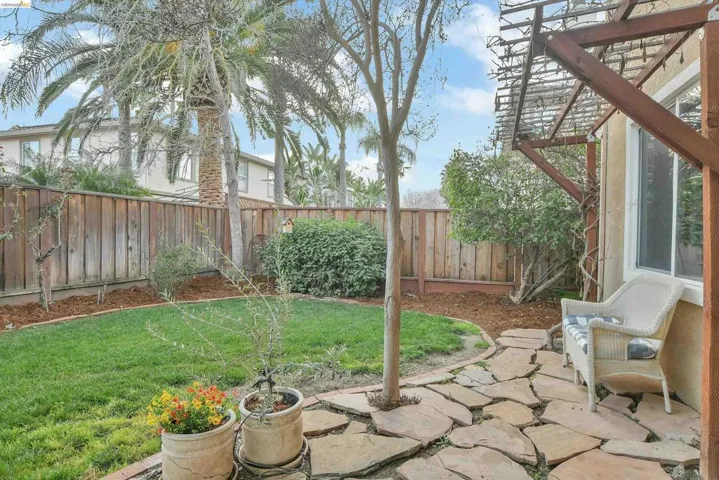 Fenced backyard with a patio