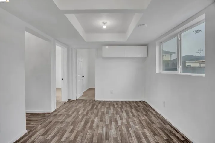 Spare room featuring light wood-style floors and a raised ceiling