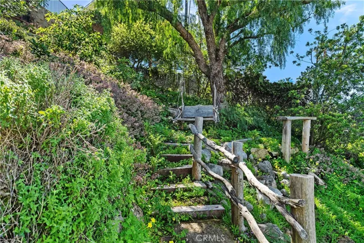 Cozy wood bench/sitting area in backyard