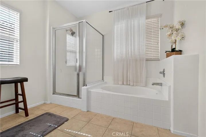 Bathroom #2: A glass-enclosed shower, and a separate soaking tub.