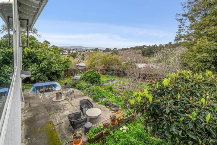 Fenced backyard with a patio area and outdoor dining space