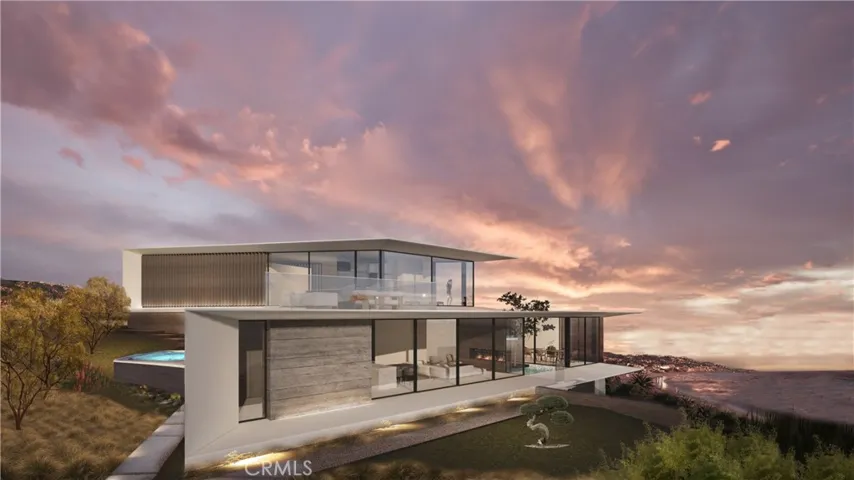 Horst Architects' 2025 AIA Award-winning design rendering showcasing evening views, highlighting the home’s strong horizontal lines and hillside presence