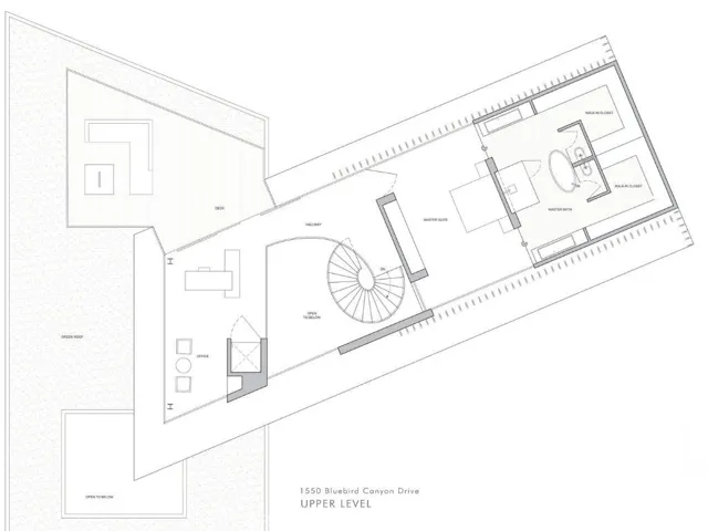 The upper level is dedicated to a private primary suite and flexible office space, positioned to take advantage of elevated views and separation from the main living areas. The layout emphasizes privacy, comfort, and retreat, with generous proportions and a connection to outdoor deck space. This level completes the home’s vertical experience, offering a quiet, elevated sanctuary above the activity below.