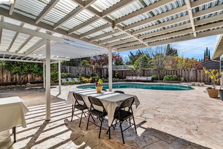 Fenced backyard featuring a patio area and a pergola