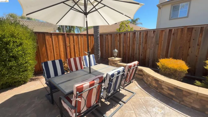 Fenced backyard featuring outdoor dining area and a patio