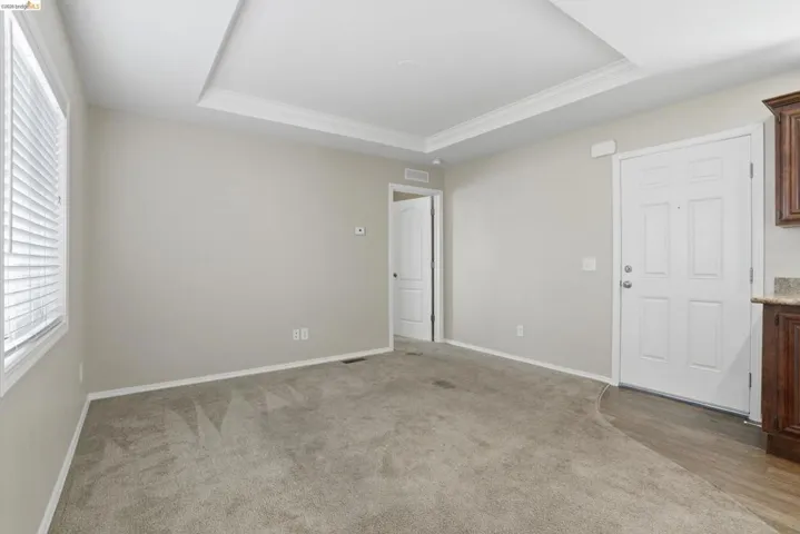 Unfurnished room with a raised ceiling and light carpet
