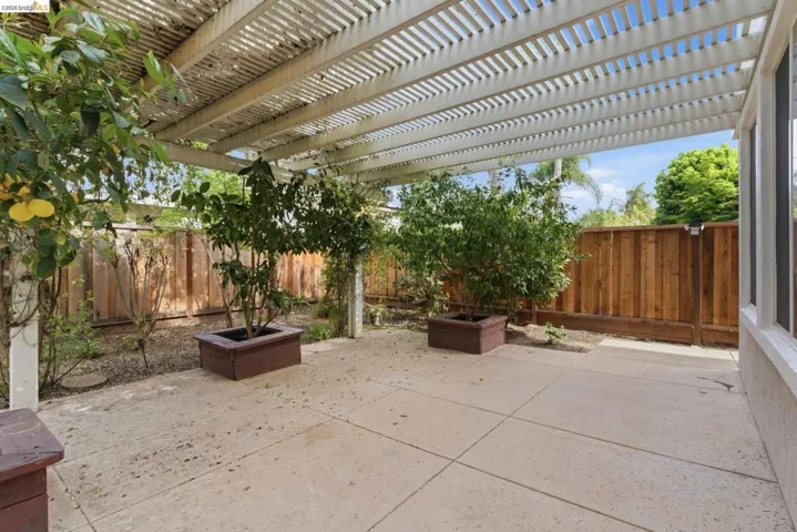 Fenced backyard featuring a patio area and a pergola