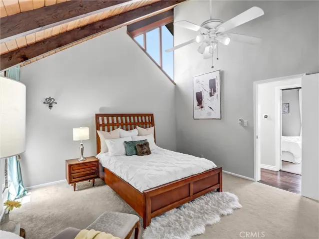Architecture, rich wood beams in primary bedroom