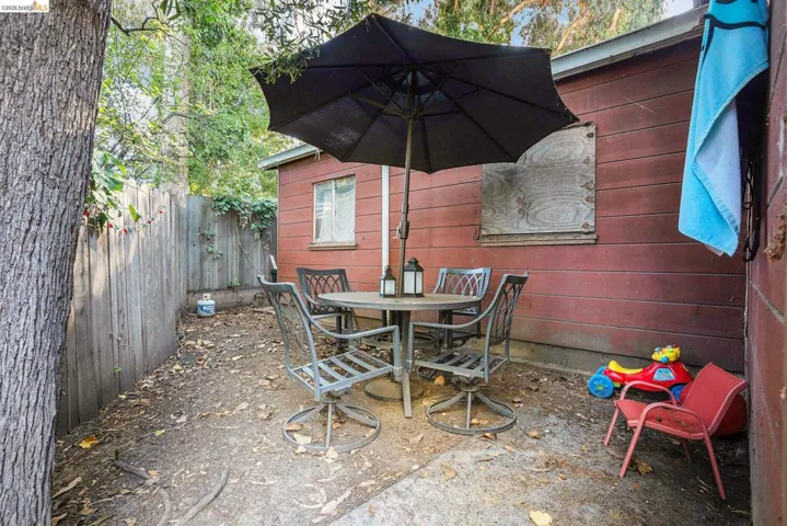 Fenced backyard with outdoor dining space and a patio