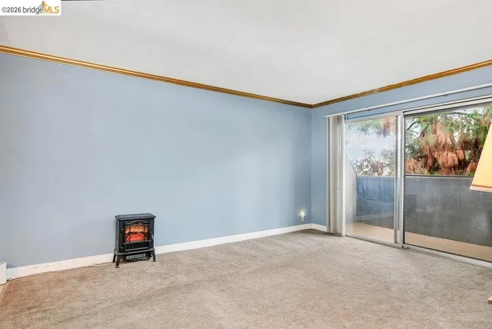 Carpeted spare room with a "wood stove " heater and crown molding