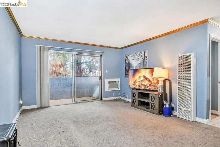 Living room featuring a heating unit, light colored carpet, and crown molding