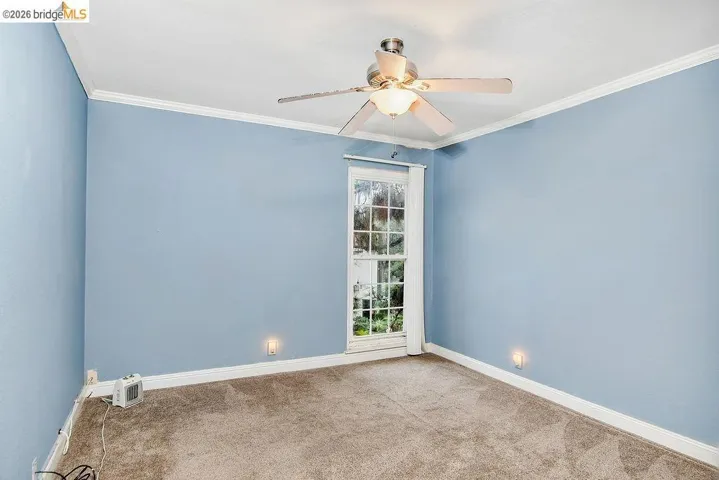 Unfurnished room with carpet, ceiling fan, and crown molding