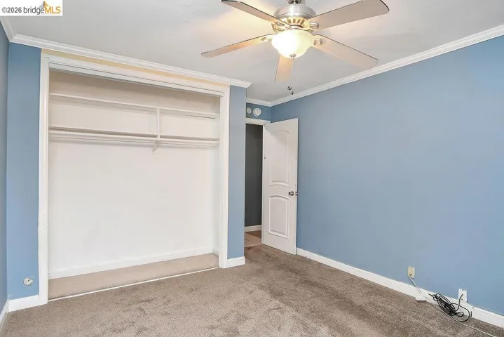 Unfurnished bedroom with carpet flooring, a ceiling fan, ornamental molding, and a closet