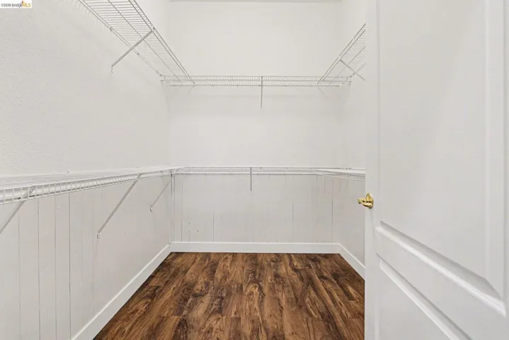 Walk in closet with dark wood-style floors