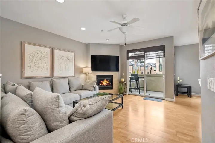 Expansive open living area woth cozy fireplace.