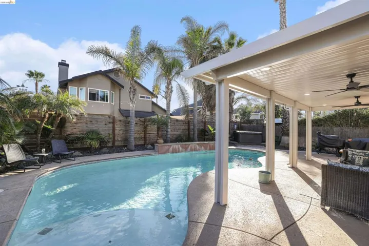 View of pool with patio surround and a fenced backyard