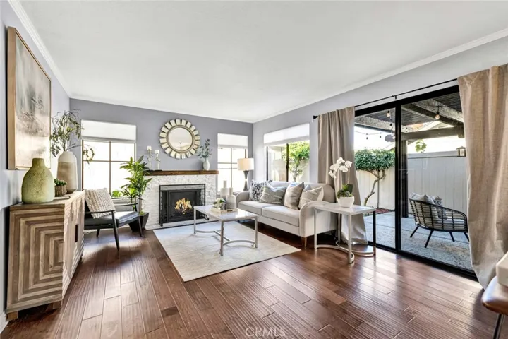 Family Room with Cozy Fireplace Beautiful wood Mantel and Slider to Back Yard